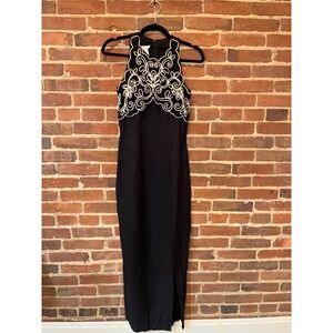 Jessica McClintock Gunne Sax Black Halter Maxi Dress Embroidered 80s 90s Slit